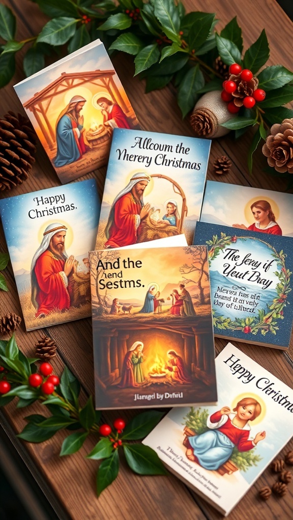 A variety of Christmas cards showcasing nativity scenes and messages about Jesus on a wooden table with holiday decorations.